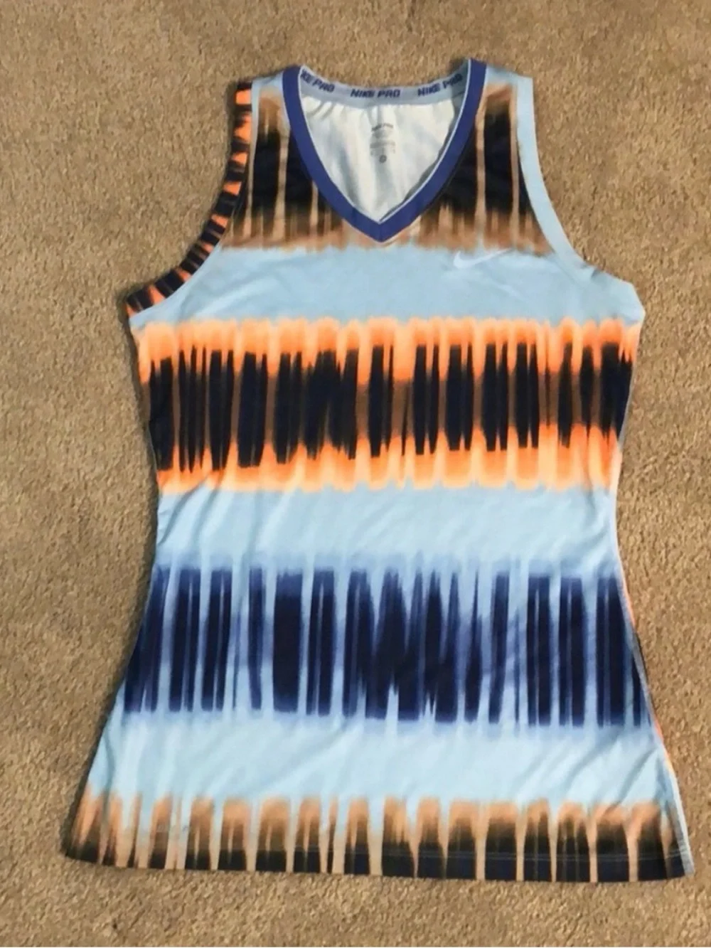 Nike Light Blue Tank Top with Navy & Orange Tie-Dye Stripes